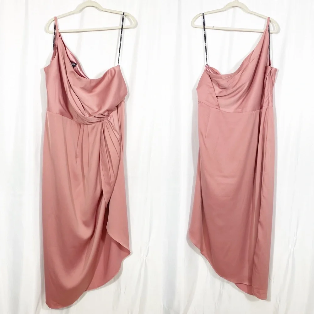 City Chic One Shoulder Sensual Satin Evening Tulip Hem Dress: Baby Blush Pink